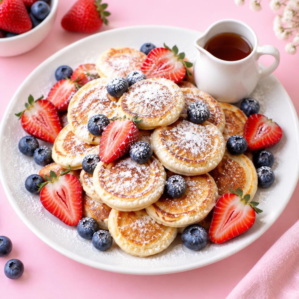 Mini pancake stack with strawberries, blueberries, and syrup