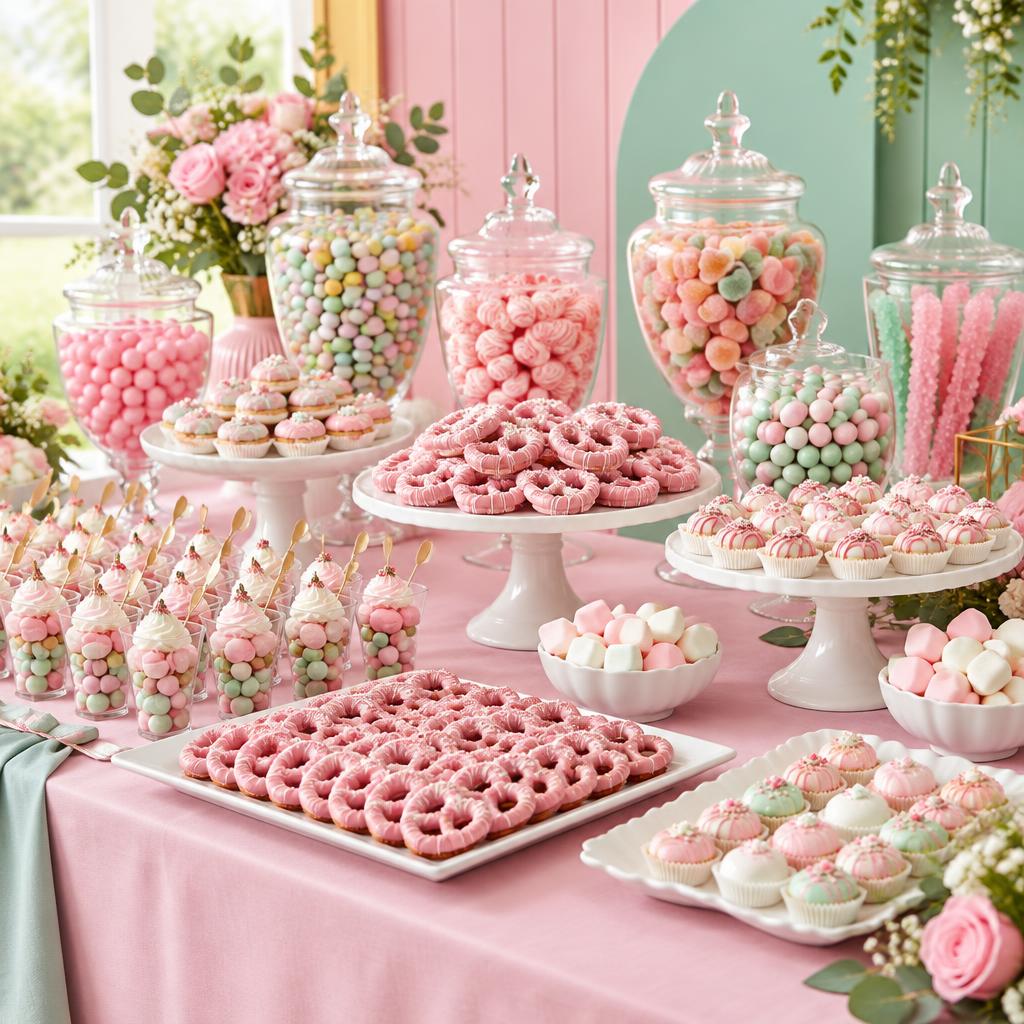 Illustrative pink and teal sweets table for a celebration