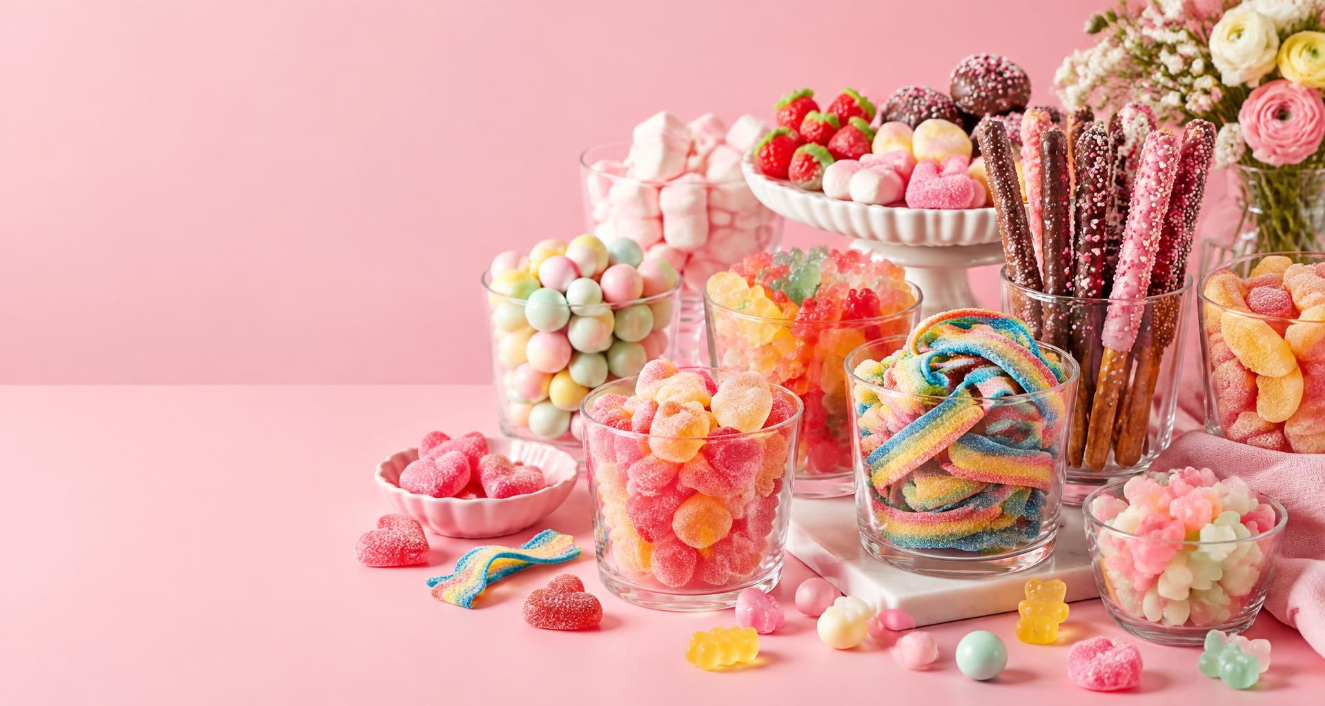 Colorful candy cups and an abundant display of sweets